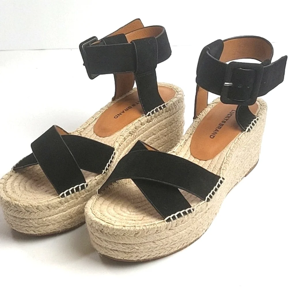 Lucky Brand Audrinah Black Suede Leather Ankle Strap Platform Espadrille… - Picture 3 of 16